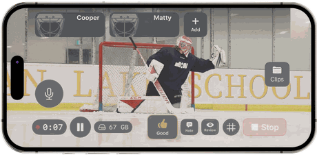 Crease Capture on an iPad, reviewing a clip of a goaltender in a rink