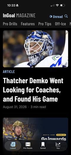 The InGoal Magazine app on an iPhone, showing an article